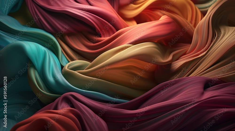 Poster abstract background with colorful drapery of silk or satin textile with flowing folds. elegant curve