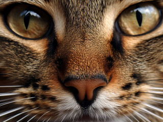 Cute brown cat nose and eye front closeup. Pet animal looks calm background banner for International Cat Day. Generative AI