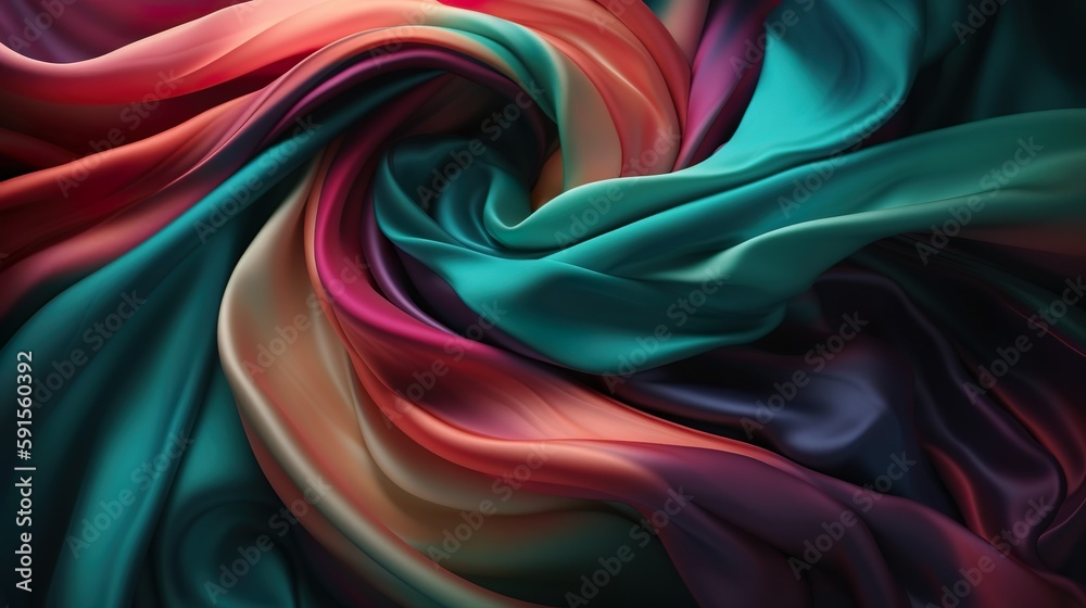 Poster Abstract background with soft falling fabric texture with flowing folds. Colorful swirled silk textile with soft pleats modern wallpaper. Horizontal illustration for banner design. Generative AI.