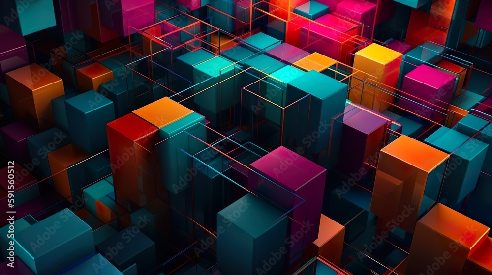 Aufkleber Abstract background with colorful geometric print of 3d cubes and lines in top view perspective. Geometry wallpaper with dynamic effect. Horizontal illustration for banner design. Generative AI.