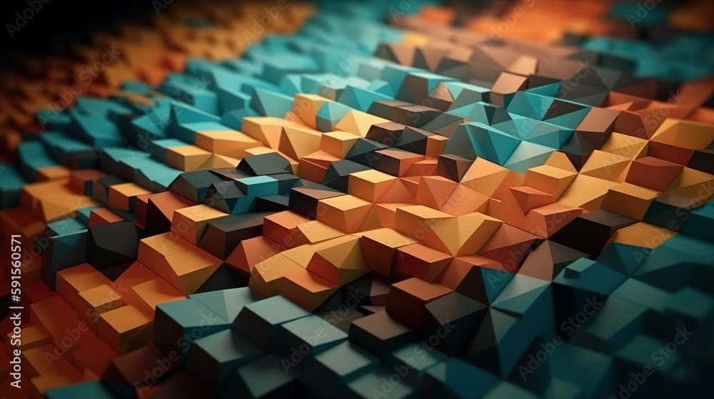 Poster Abstract background with colorful geometric print with rough surface, sharp pieces of cubes and other geometric shapes structure composition. Horizontal illustration for banner design. Generative AI.