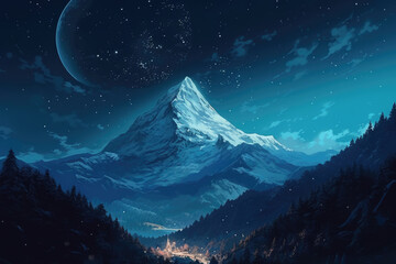 Naklejka na ściany i meble Snow-covered mountain with a high white peak on a starry night under the light of a huge moon. Colorful landscape with a view of a small village in the lowlands of the forest. Generative AI.