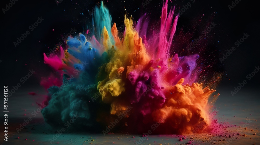 Poster Abstract background with colorful powder explosion. Bright wallpaper with dust explode with splashing paint drops. Festival colors bomb. Horizontal illustration for banner design. Generative AI.