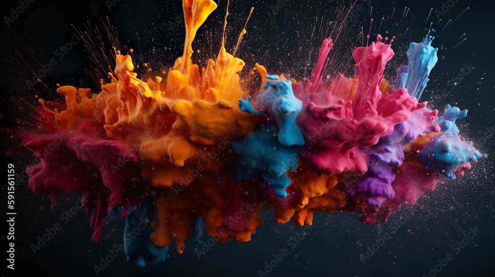 Aufkleber Abstract background with wet explosion of colorful paint with splashing drops. Bright wallpaper with dynamic liquid motion and spray effect. Horizontal illustration for banner design. Generative AI.