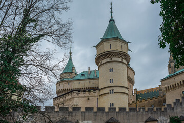 Fototapeta premium Bojnice medieval castle, UNESCO heritage in Slovakia. Romantic castle with gothic and Renaissance elements built in