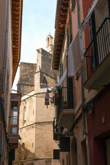 Medieval historic old house facades and stone building old town city skyline with cathedral, palm trees and small alleys in Palma de Mallorca ancient city center downtown	