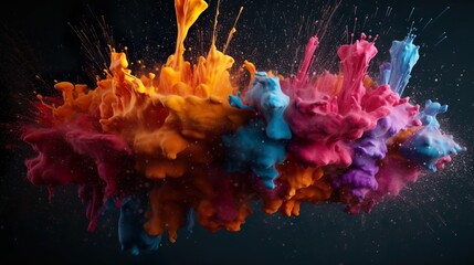 Abstract background with wet explosion of colorful paint with splashing drops. Bright wallpaper with dynamic liquid motion and spray effect. Horizontal illustration for banner design. Generative AI.