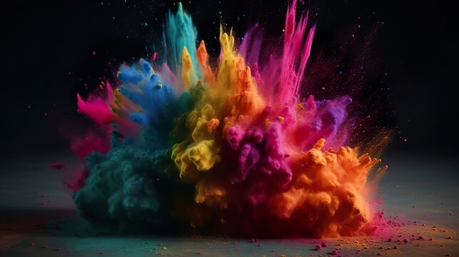 Abstract background with colorful powder explosion. Bright wallpaper with dust explode with splashing paint drops. Festival colors bomb. Horizontal illustration for banner design. Generative AI. © alexdndz