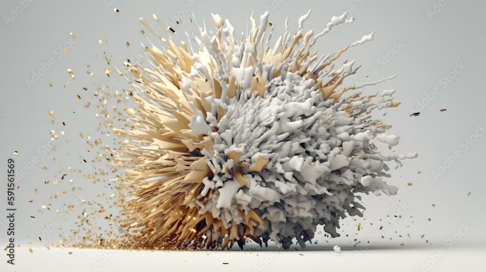 Poster Abstract background with white and gold elements explosion. Dynamic cloud with flying splashes, fragments, confetti, particles and sparkles. Horizontal illustration for banner design. Generative AI.