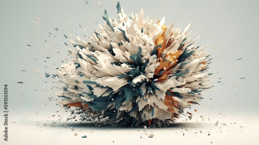 Poster Abstract background with colorful explosion of cloud. Round burst figure with flying splashes, fragments, different pieces, sharp particles. Horizontal illustration for banner design. Generative AI.