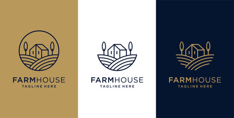 Farmhouse icon. Hillside farmstead sign. Vineyard fields landscape and house symbol. Vector illustration