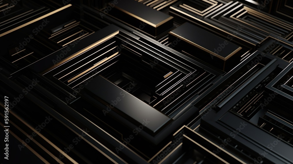 Poster Abstract background with dark geometric print with repeating black blocks with golden stripes. Luxury wallpaper with geometry composition. Horizontal illustration for banner design. Generative AI.