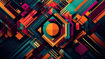 Abstract background with colorful symmetric geometric print. Vibrating colorful wallpaper with composition of repeat stripes and shapes. Horizontal illustration for banner design. Generative AI.