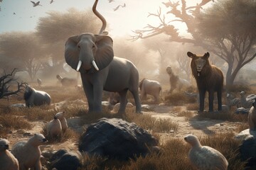 A detailed illustration of a group of wild animals in their natural habitat, Generative AI
