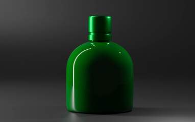 Perfume bottle of green color on a dark background