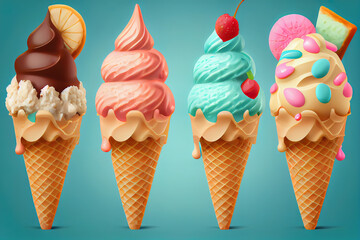 Set of various ice cream scoops in waffle cones. Generative Ai