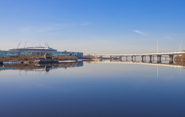 Spring landscape of St. Petersburg. Embankment of the river Bolshaya Nevka. Landmark of the city.