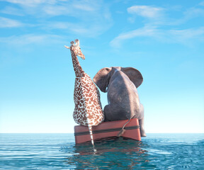 Elephant and giraffe on a luggages in the ocean.  Shipwrecked.