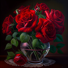Bouquet of red roses in the vase on the black background, generative AI.