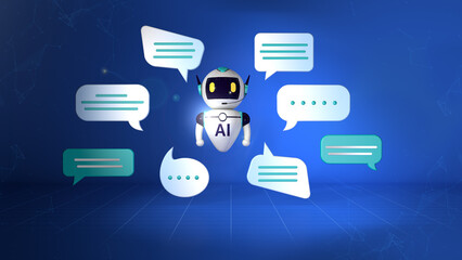 3D Rendering illustration. Chat GPT, robot AI assistant for virtual service, 3D Illustration on blue background.