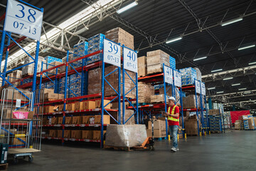Warehouse workers walking to check details stock product and moving goods and counting stock in the warehouse., Industrial and industrial concept..