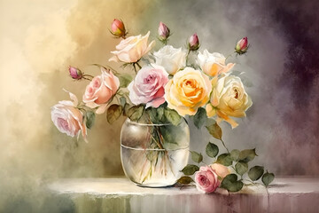 Bouquet of roses in the vase on the light background, illustration, generative AI.