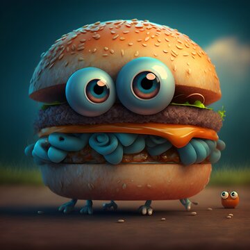 Cute Burger Big Eyes Small Body Cartoon 