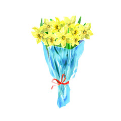 Fresh bouquet of colorful daffodil bloom flowers wrapped in transparent packaging spring concept. Design element for greeting card banner Isolated hand drawn watercolor illustration white background