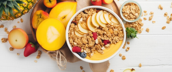 Healthy smoothie bowl with granola, raspberries, blueberries and pineapple. Top view on a white wooden background. Vegan or vegetarian food. Generative AI