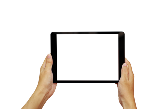 Digital tablet mockup for advertising. Mock up tablet on person hand holding and using with blank white screen copy space for text advertisement.