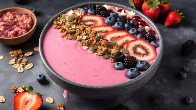 Healthy smoothie bowl with granola, seeds, blueberries and strawberries. Top view on a dark marble background. Vegan or vegetarian food. Generative AI