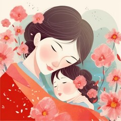 Obraz na płótnie Canvas mother day, motherday, mother day's, love, woman, baby, mother, couple, vector, child, family, illustration, heart, people, kiss, mom, art, valentine, cartoon, silhouette, day, boy, drawing, parent, h