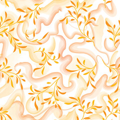 Naklejka premium Abstract floral pattern with splash and watercolord swirl lines. Flourish seamless texture. Stylish abstract vector branch with leaves summer nature background
