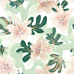 Floral seamless pattern with tropical flower. Branch with leaves drawing summer texture. Flourish nature summer garden watercolor textured background