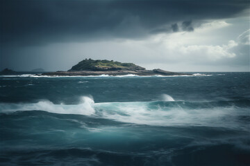 Naklejka na ściany i meble ocean landscape in storm with tropical island at the horizon,generative ai