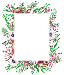 Watercolor rectangular frame with Christmas plants