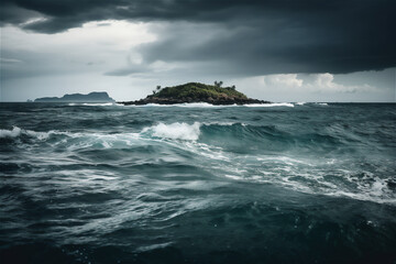 Fototapeta na wymiar ocean landscape in storm with tropical island at the horizon,generative ai