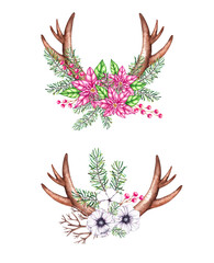 Watercolor set of Christmas horns with needles and flowers on a white background
