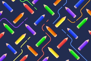 Pencils vector pattern illustration. Different colors pencils with lines on the dark background.