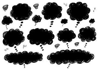 線が絡まった手描きのもやもやした色んな雲形吹き出しセット