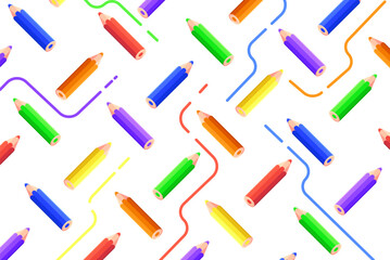 Pencils vector pattern illustration. Different colors pencils with lines on the light background.