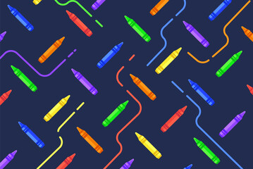 Wax Crayon vector pattern illustration. Different colors wax crayons with lines on the dark background.