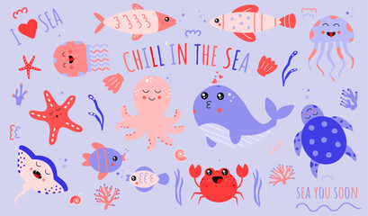 Vector illustration of the sea world in a flat cute style, octopus, whale, fish, turtle, starfish, corals, shells, jellyfish, crab and lettering. Kawaii eyes	
