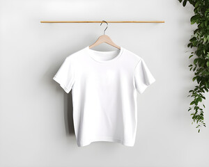 Clean and Minimal White T-Shirt Mockup on a Wooden Rail. Generative AI