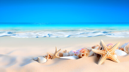 Fototapeta na wymiar Seashells on Seashore - Beach Vacation Background. Generative AI