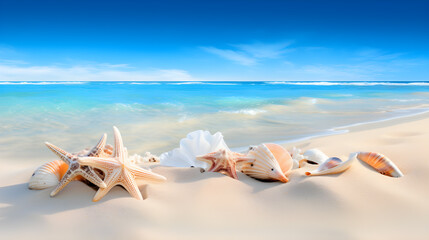 Fototapeta na wymiar Seashells on Seashore - Beach Vacation Background. Generative AI