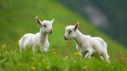 Obraz premium Adorable Saanen Goat Kids Playing