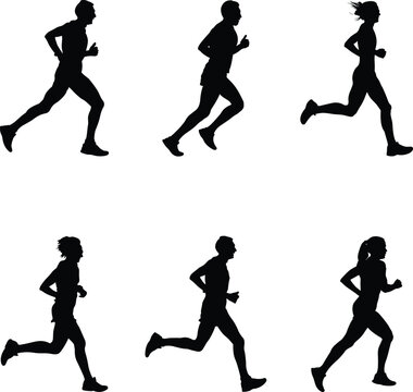 set people man and woman running marathon race black silhouette, sports vector