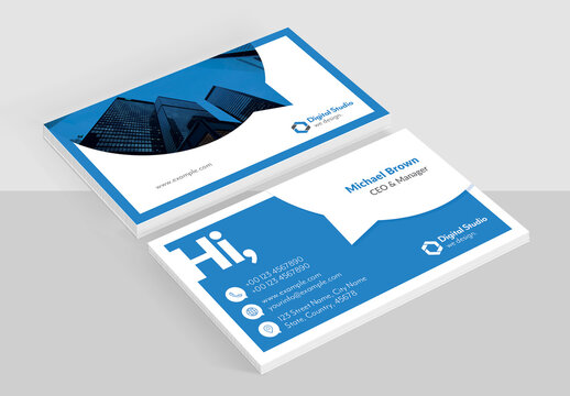Business Card Layout with Blue Accents