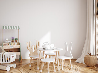 Nursery mockup, neutral unisex children room interior background, 3D render